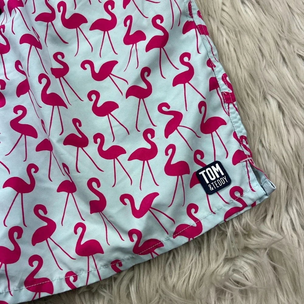 Tom & Teddy Men's M Mint Pink‎ Flamingo Print Swim Trunks Shorts